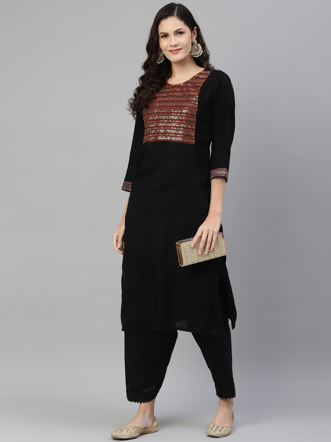 Black Solid Pintucks Double Lace Pure Cotton Salwar